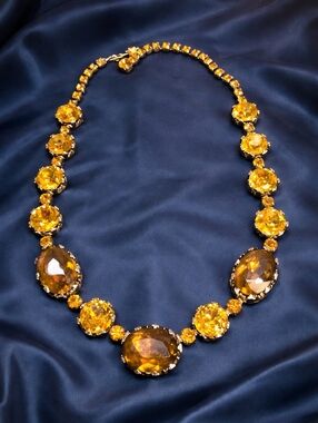 Vintage Amber Rhinestone Necklace Topaz Glass Open Back Statement